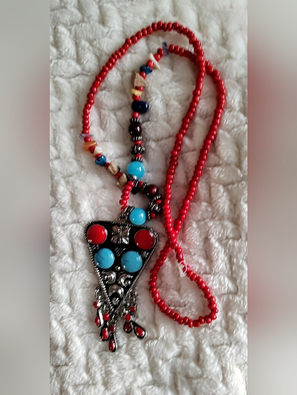 Red and Turquoise Beaded Pendant Necklace - Bohemian Statement Jewelry